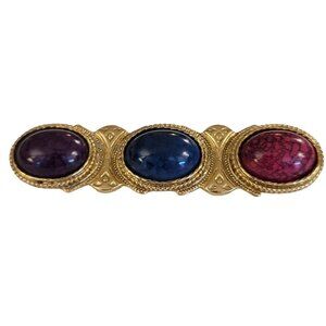 1928 Brand Red Green Purple Faux Stone Cabochon Bar Brooch Pin K508